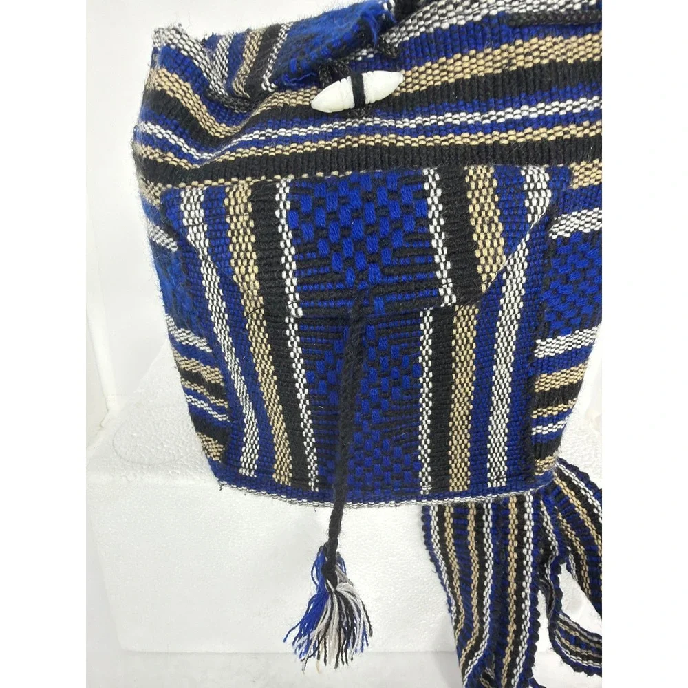 Handmade Woven Mini Backpack Blue Black Striped Boho Festival Rucksack Toggle